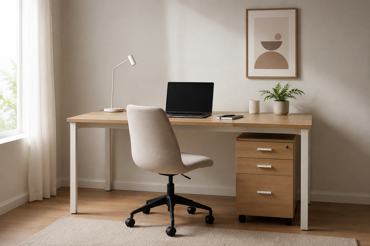 Minimalist workspace with wooden desk, shelves, and neutral tones